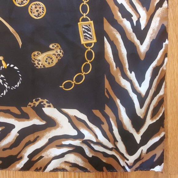 Luxurious Silky Black and Gold Animal and Jewelry Print Square Scarf - Picture 4 of 5